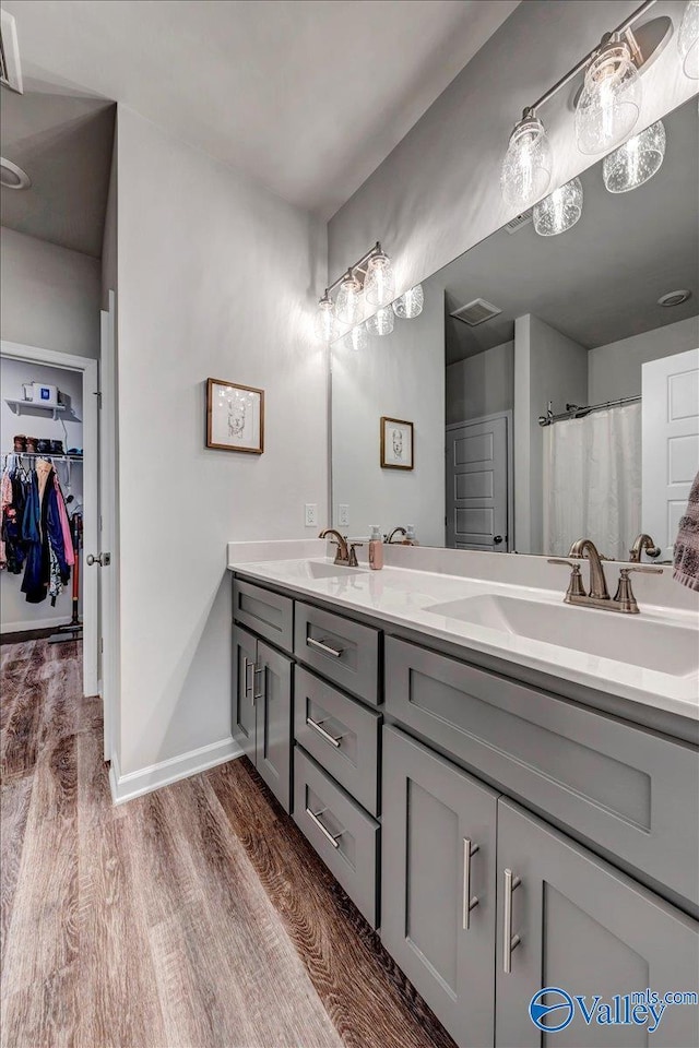 bathroom featuring hardwood / wood-style flooring, vanity, and a shower with curtain