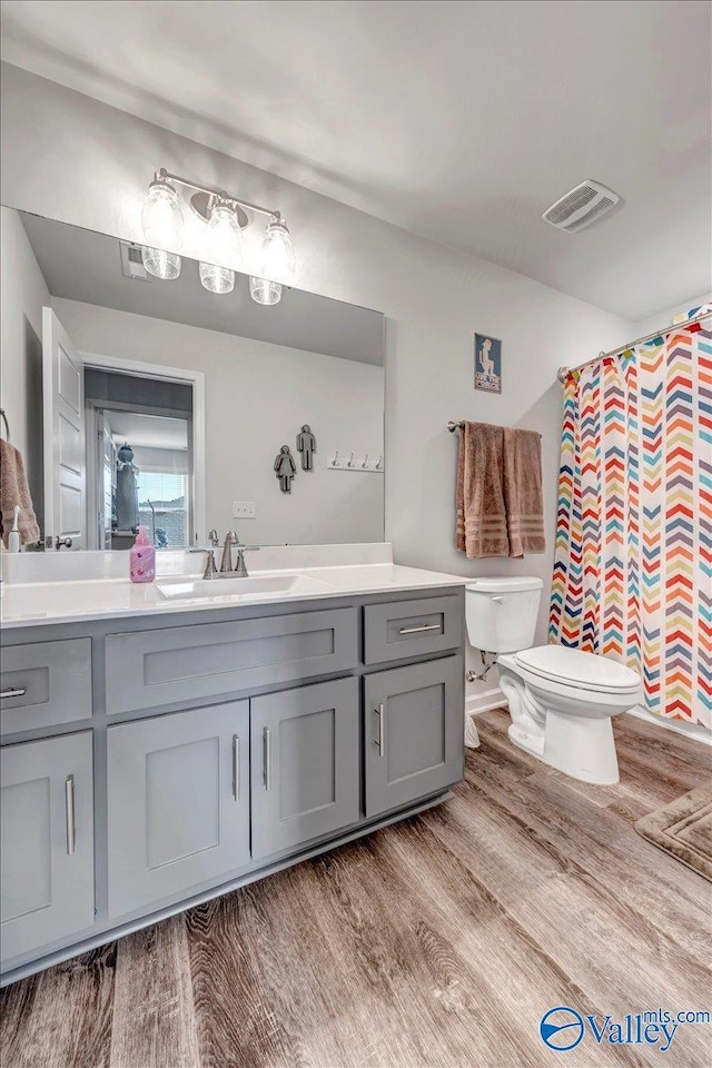 bathroom featuring toilet, a shower with curtain, wood-type flooring, and vanity