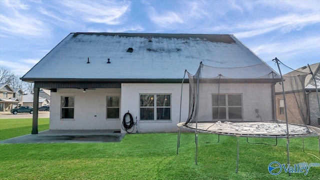 rear view of house with a patio area, a lawn, and a trampoline