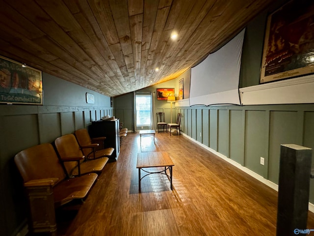 interior space with wood-type flooring, lofted ceiling, and wood ceiling