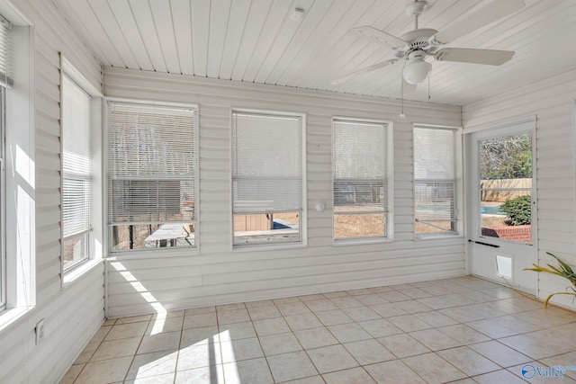 unfurnished sunroom with wooden ceiling and a ceiling fan