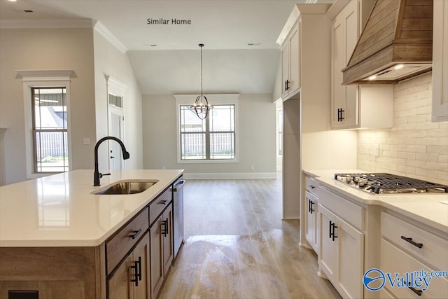 kitchen with white cabinetry, an island with sink, sink, and custom exhaust hood