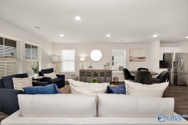 living room with dark hardwood / wood-style flooring and a wealth of natural light