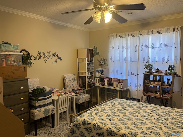 bedroom with crown molding, a textured ceiling, and ceiling fan