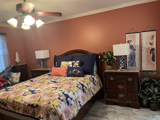 bedroom featuring ceiling fan and ornamental molding