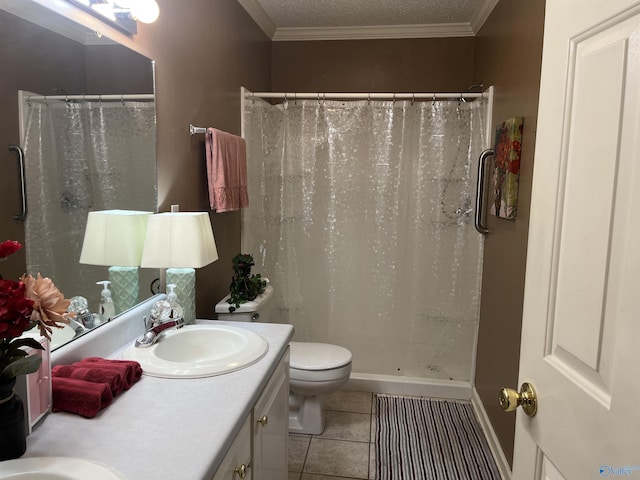 bathroom featuring a textured ceiling, curtained shower, tile patterned flooring, vanity, and ornamental molding