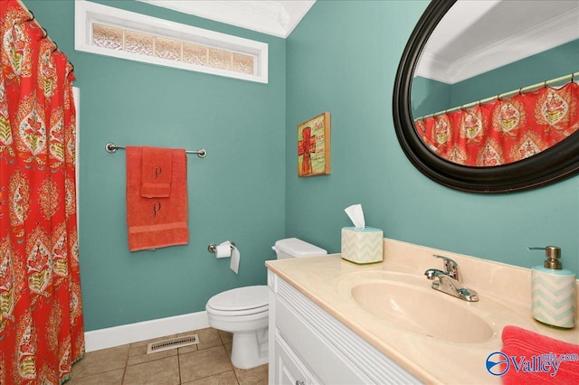 full bathroom with vanity, tile patterned floors, toilet, visible vents, and ornamental molding