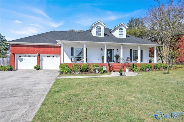 cape cod-style house featuring driveway, brick siding, a front lawn, and a garage