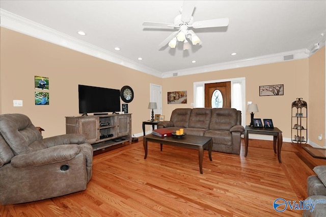 living room featuring ceiling fan, crown molding, and light hardwood / wood-style floors