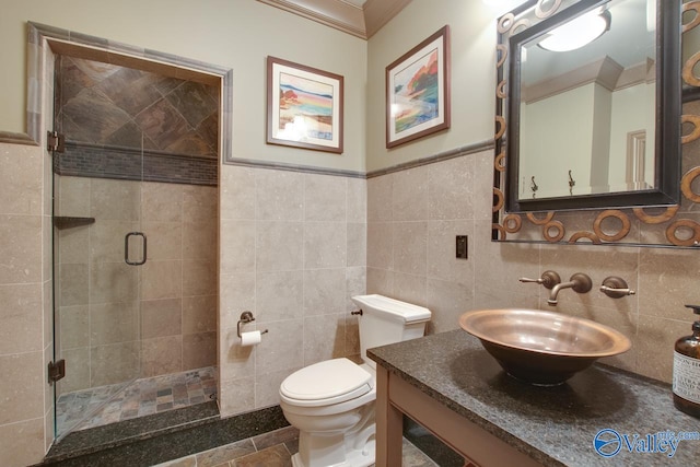 bathroom with tile patterned flooring, a shower with door, toilet, tile walls, and decorative backsplash