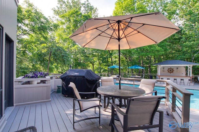 deck with a fenced in pool and a grill