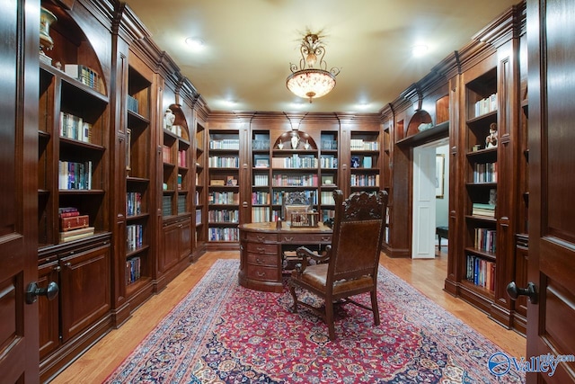 home office with light wood-type flooring