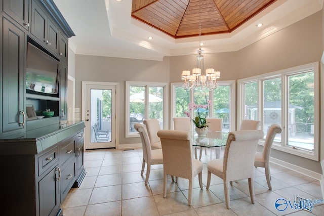 tiled dining area with a healthy amount of sunlight, a raised ceiling, a notable chandelier, and wooden ceiling