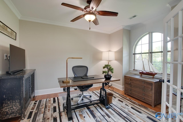 2833 High Mountain Rd NE, Huntsville, AL 35811 - office space with a ceiling fan, baseboards, visible vents, and wood finished floors