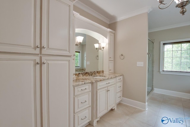 2833 High Mountain Rd NE, Huntsville, AL 35811 - full bathroom with crown molding, a notable chandelier, a shower stall, and vanity