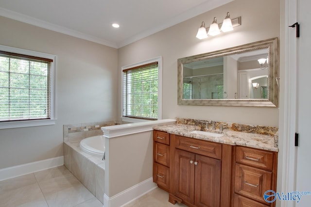 2833 High Mountain Rd NE, Huntsville, AL 35811 - full bathroom with a garden tub, a shower, vanity, baseboards, and ornamental molding