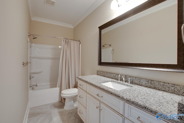 2833 High Mountain Rd NE, Huntsville, AL 35811 - bathroom with visible vents, crown molding, vanity, toilet, and shower / bath combo with shower curtain