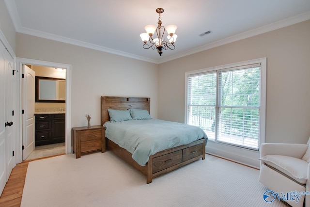 2833 High Mountain Rd NE, Huntsville, AL 35811 - bedroom featuring visible vents, connected bathroom, crown molding, and a notable chandelier