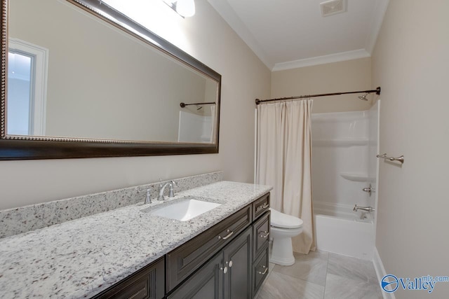 2833 High Mountain Rd NE, Huntsville, AL 35811 - full bathroom featuring shower / tub combo with curtain, vanity, toilet, visible vents, and ornamental molding