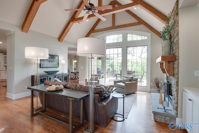 2833 High Mountain Rd NE, Huntsville, AL 35811 - living room with ceiling fan, a fireplace, beam ceiling, high vaulted ceiling, and baseboards