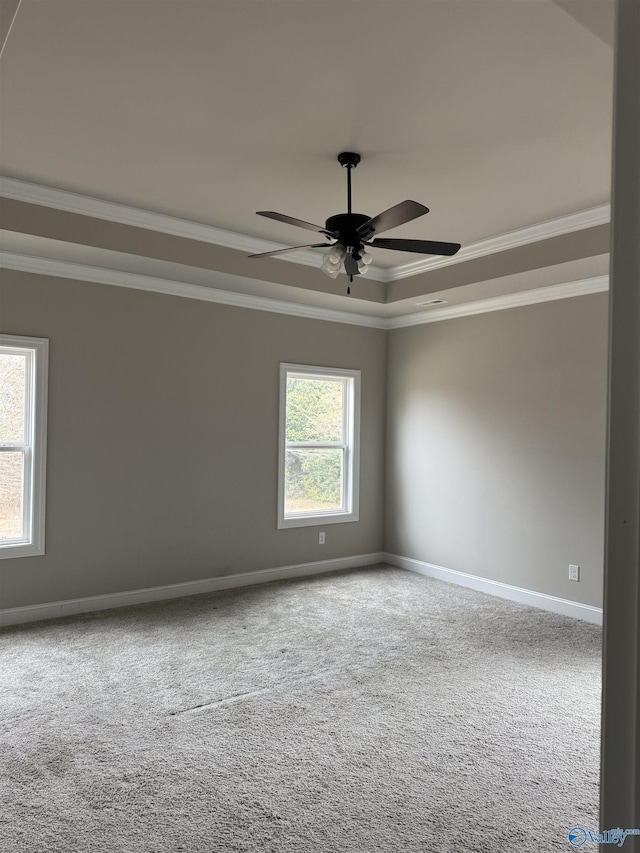 carpeted spare room with baseboards, a raised ceiling, a ceiling fan, and crown molding