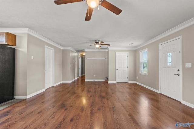 26150 Mooresville Rd, Elkmont, AL 35620 - unfurnished living room with baseboards, ornamental molding, a ceiling fan, and wood finished floors