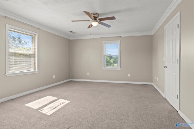 26150 Mooresville Rd, Elkmont, AL 35620 - carpeted empty room with crown molding, baseboards, plenty of natural light, and ceiling fan