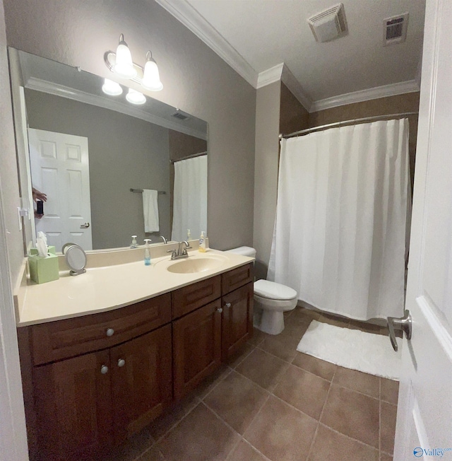 full bath featuring vanity, visible vents, and ornamental molding