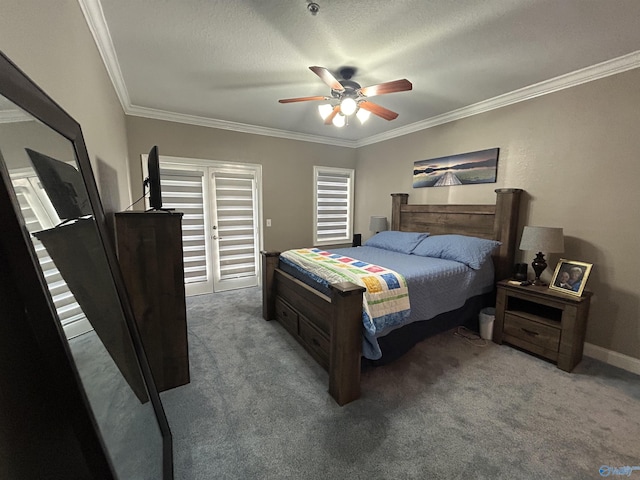 carpeted bedroom with ceiling fan, ornamental molding, a textured ceiling, and baseboards