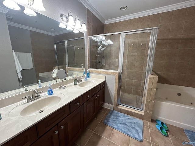 full bathroom with ornamental molding, a stall shower, and a sink