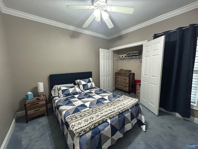 carpeted bedroom with crown molding, ceiling fan, and a closet