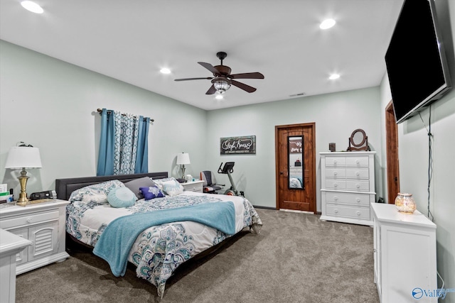 carpeted bedroom featuring visible vents, a closet, a ceiling fan, and recessed lighting