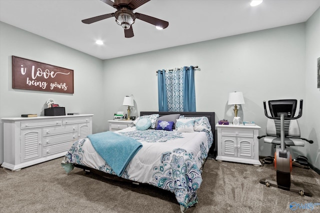bedroom with a ceiling fan, carpet, baseboards, and recessed lighting
