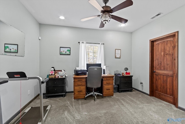 office with recessed lighting, visible vents, ceiling fan, and baseboards