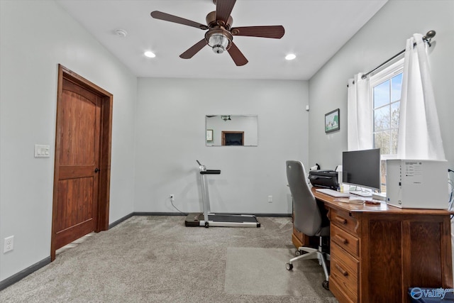 home office with a ceiling fan, recessed lighting, carpet flooring, and baseboards