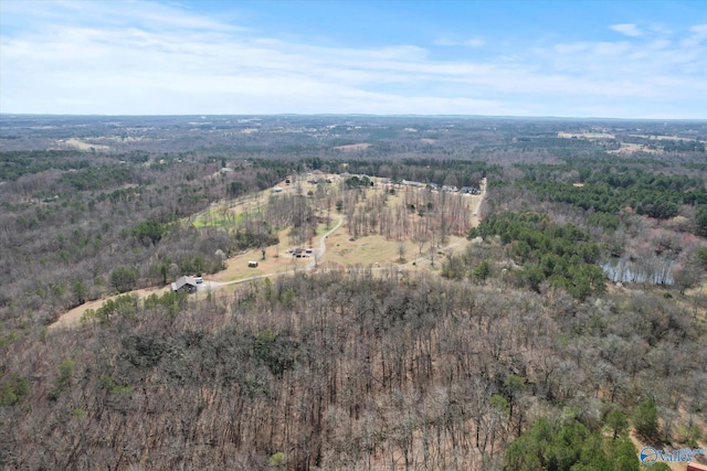 bird's eye view with a wooded view