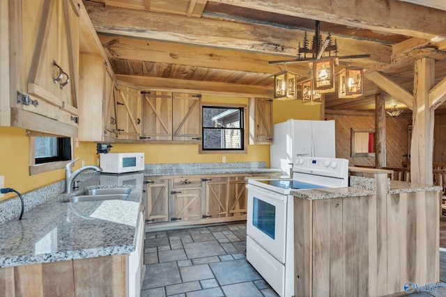 136 Higdon Rd, Falkville, AL 35622 - kitchen with white appliances, stone finish floors, a kitchen island, wooden ceiling, and light brown cabinetry