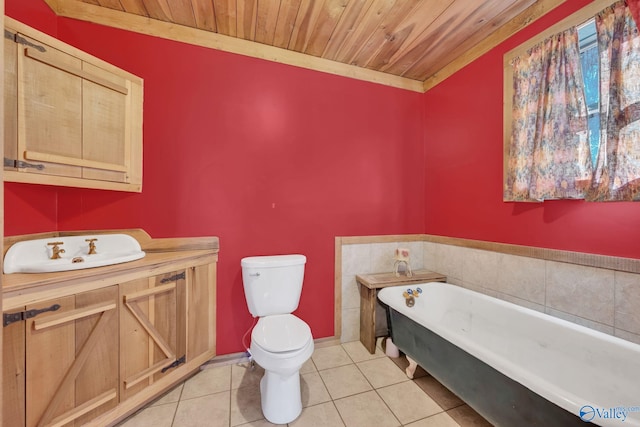 136 Higdon Rd, Falkville, AL 35622 - full bath featuring a freestanding bath, wood ceiling, vanity, and tile patterned flooring