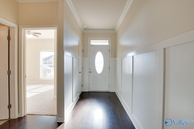 entrance foyer featuring ceiling fan, dark hardwood / wood-style flooring, and ornamental molding