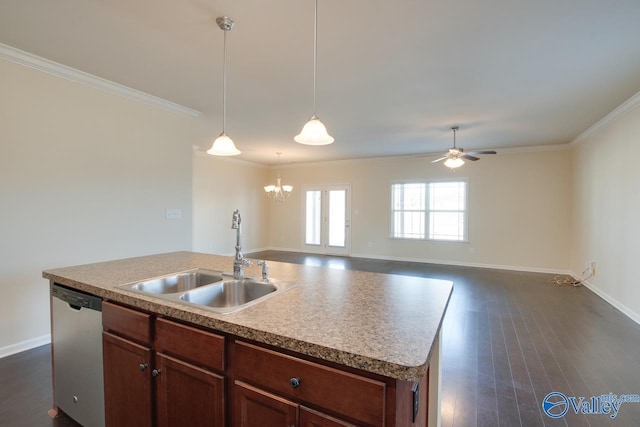 kitchen with ceiling fan with notable chandelier, sink, stainless steel dishwasher, ornamental molding, and an island with sink