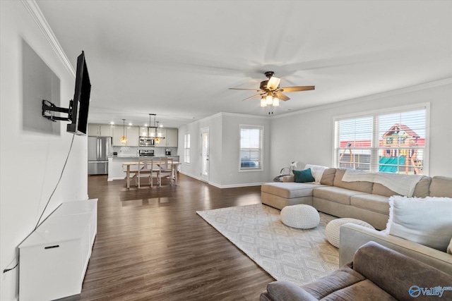 living room featuring ornamental molding, ceiling fan with notable chandelier, and dark hardwood / wood-style flooring