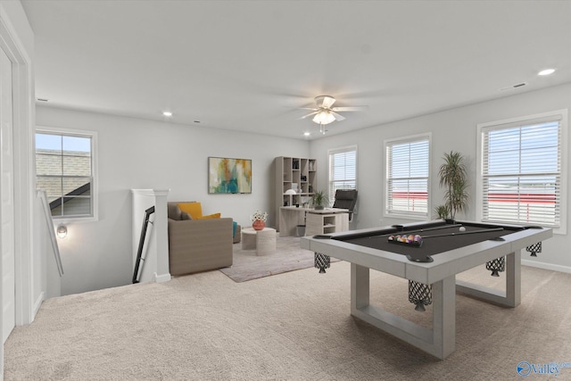 recreation room featuring billiards, ceiling fan, and carpet flooring