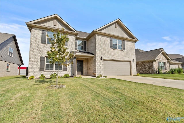 view of front facade with a garage and a front lawn