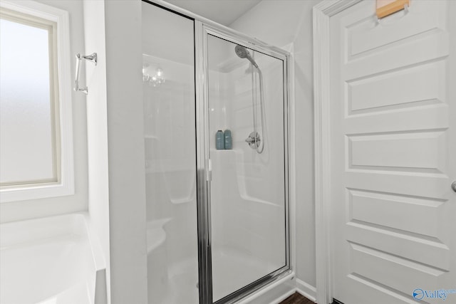 bathroom featuring a shower with door