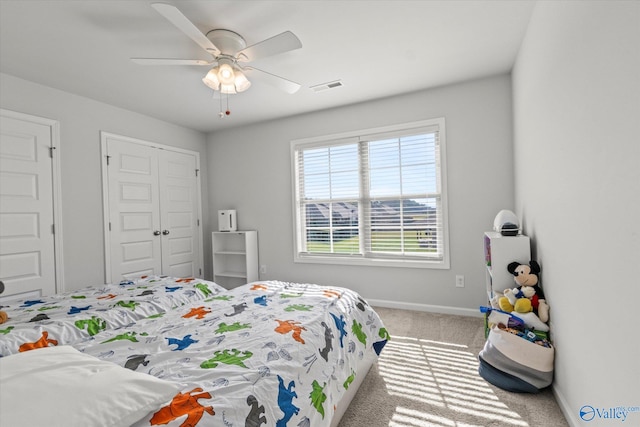 bedroom featuring carpet and ceiling fan