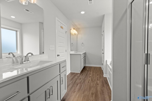 bathroom featuring vanity, wood-type flooring, and a tub