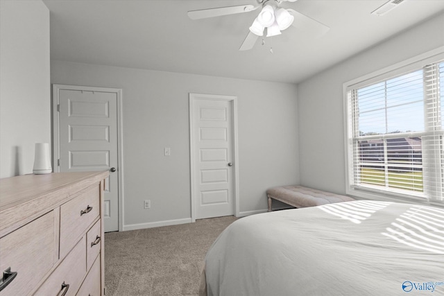 carpeted bedroom with ceiling fan and multiple windows