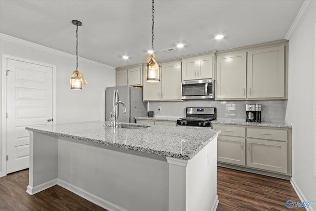 kitchen with appliances with stainless steel finishes, light stone countertops, sink, dark hardwood / wood-style floors, and a center island with sink