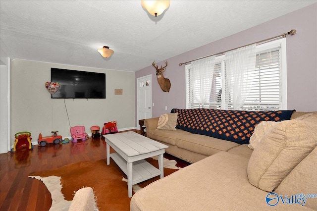 living room with a textured ceiling and wood finished floors