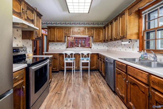 kitchen with sink, appliances with stainless steel finishes, and wood-type flooring